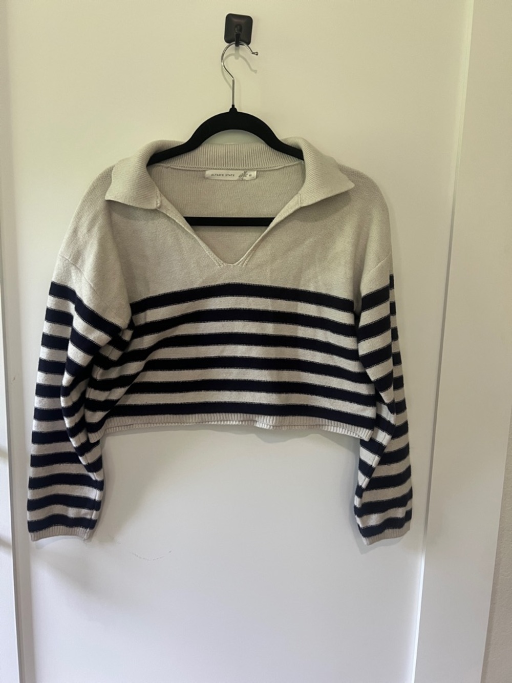 Altar’d State Cropped Collared Stripe Sweater in Cream & Navy